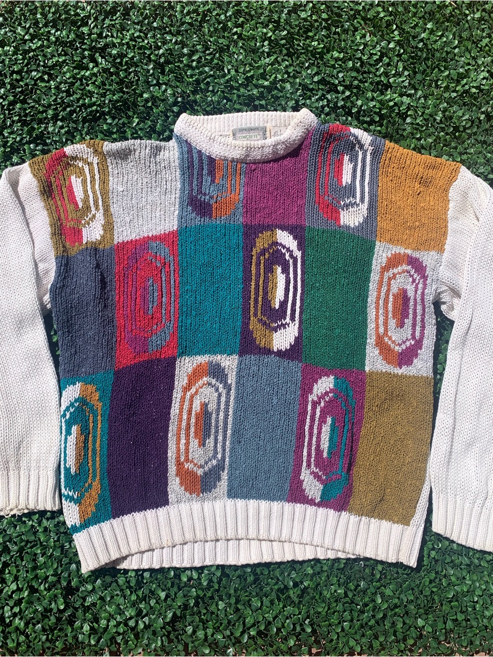 Very fun vintage 90s CONCRETE colorful abstract geo cotton raime knit sweater